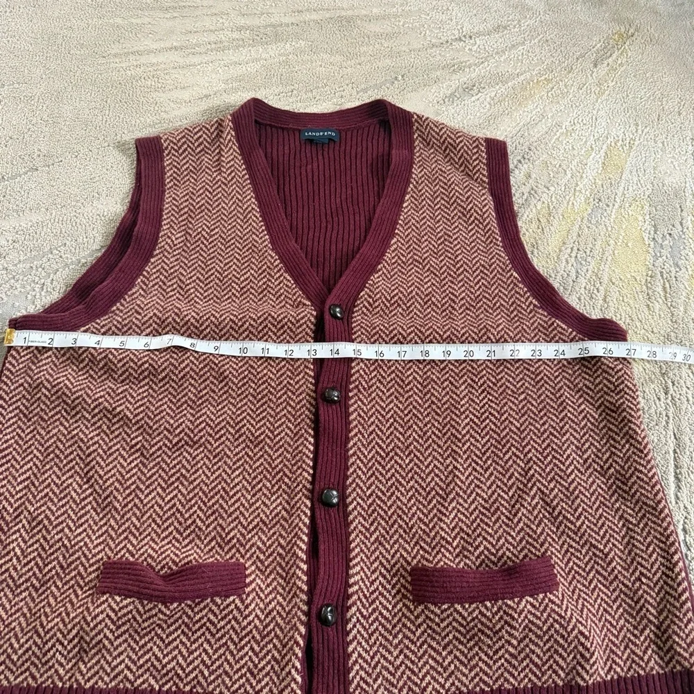Lands' End sweater vest Burgundy red Herringbone Knit V Neck button font XXL